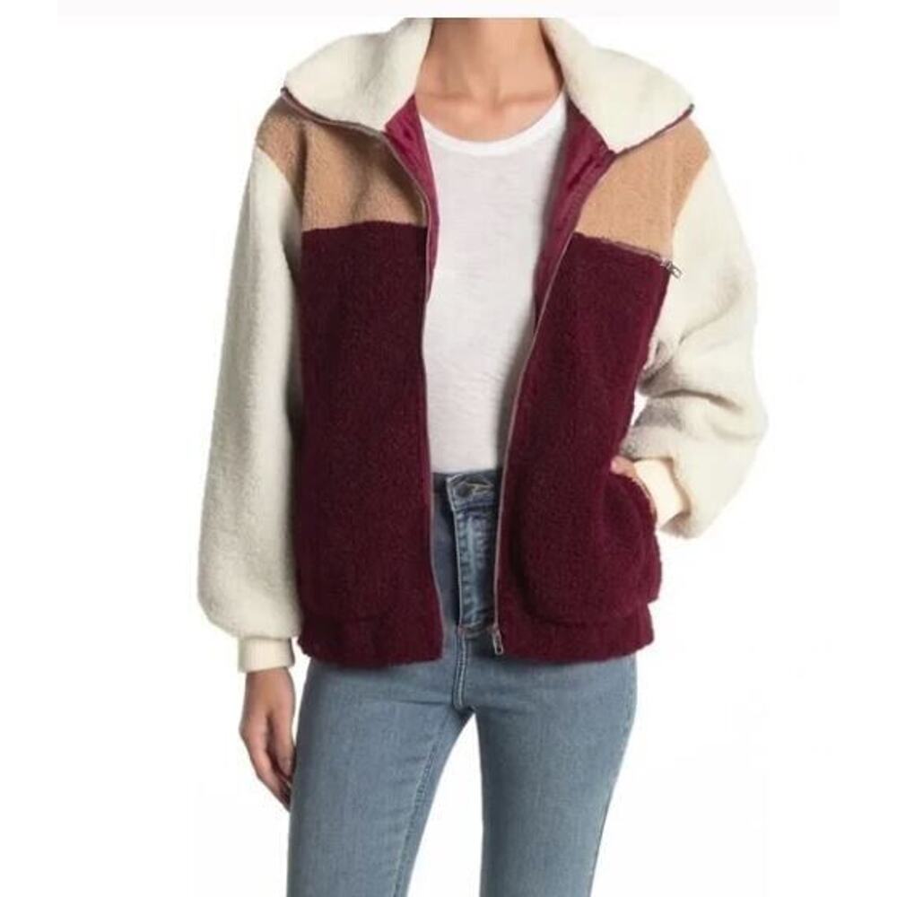 Lush Womens Faux Shearling Full Zip Colorblock Bomber Jacket In Wine Camel Small